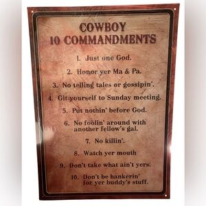 NEW Cowboy 10 Commandments Tin Metal Sign Western Home Decor Wall Hanging